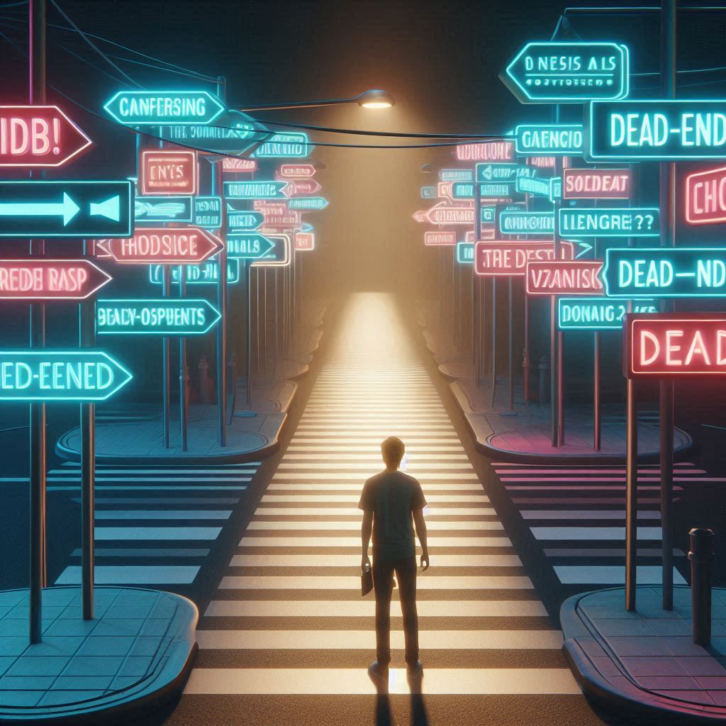 A person stands at a glowing crossroads surrounded by hundreds of confusing neon signs, symbolizing frustration and desperate search for direction.