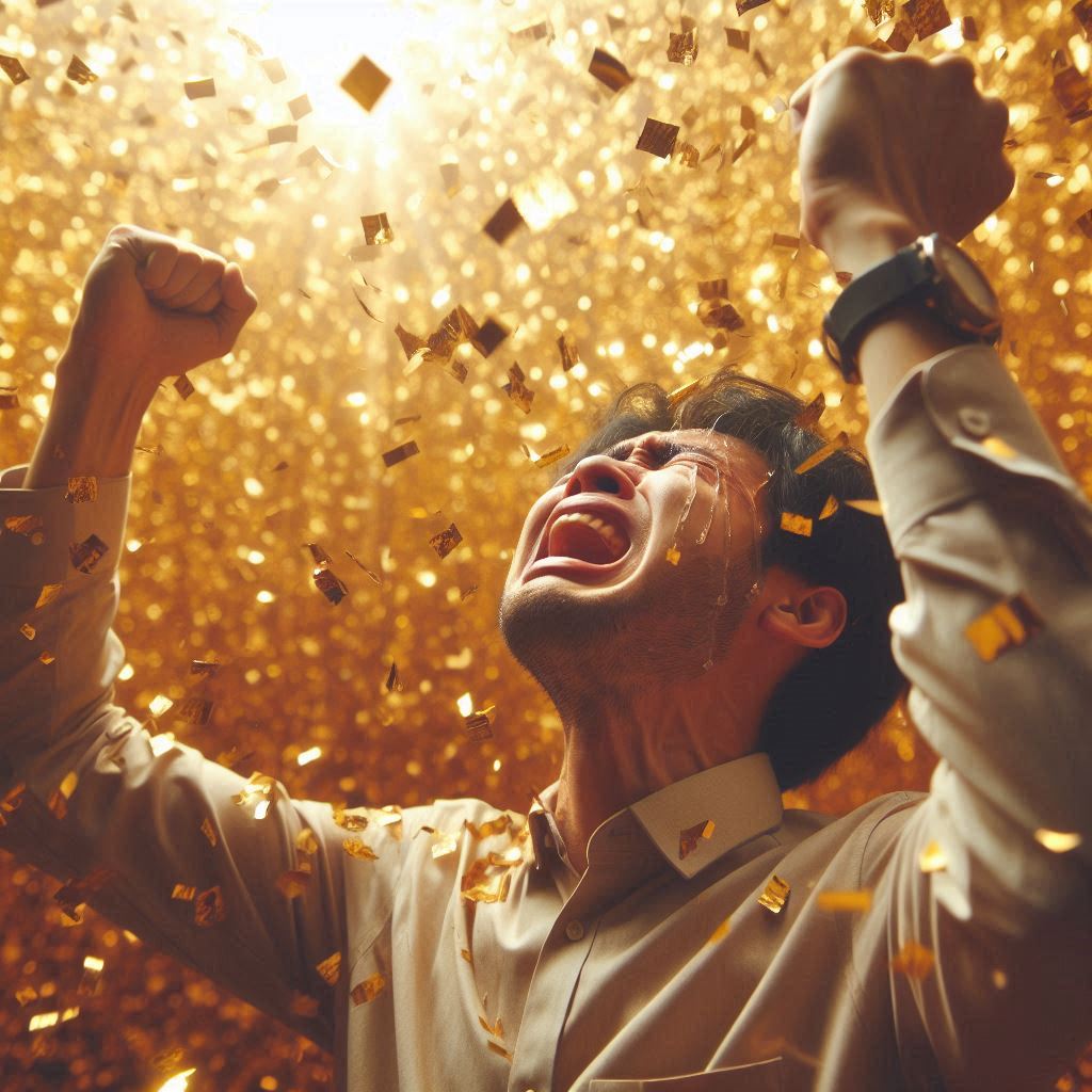 Overwhelmed with joy, a man raises his arms to the sky as light and gold confetti shower him — a visual metaphor for rare victory in a brutal preorder war.”
