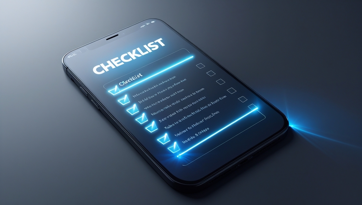 Glowing digital checklist on smartphone screen, capturing the anticipation and clarity of a perfectly prepared reservation moment.