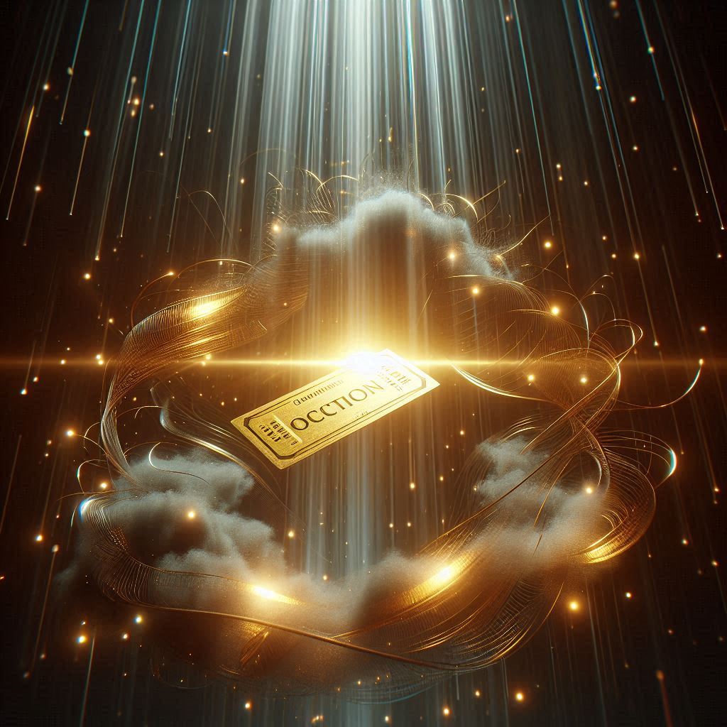 A golden ticket floating in a heavenly glow, symbolizing hope, destiny, and the thrilling chance of winning.