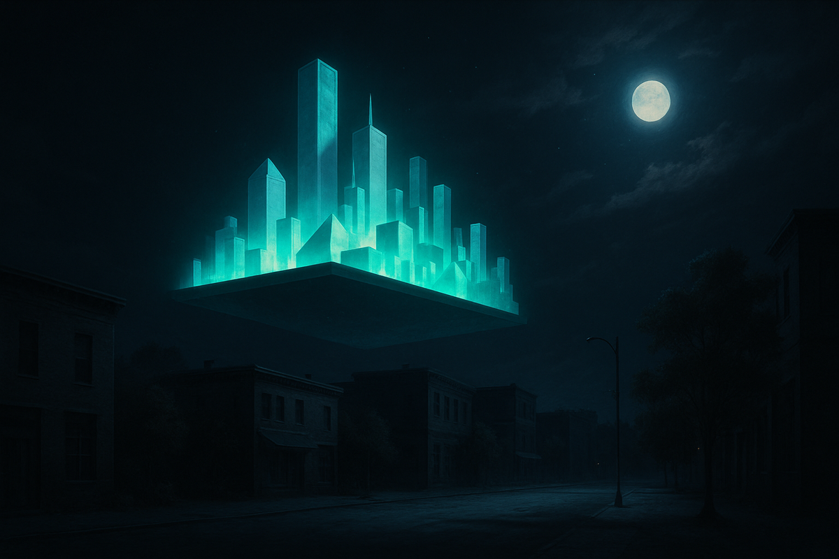 A surreal glowing city floats above a dark, silent town under the full moon—evoking mystery, urgency, and the thrill of discovering something hidden in the night.