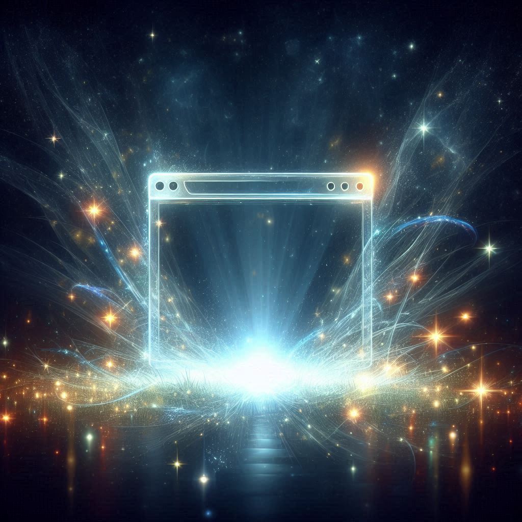 A glowing, magical web browser window emerging from radiant stardust, symbolizing a once-in-a-lifetime discovery online. The air sparkles with mystery and anticipation.