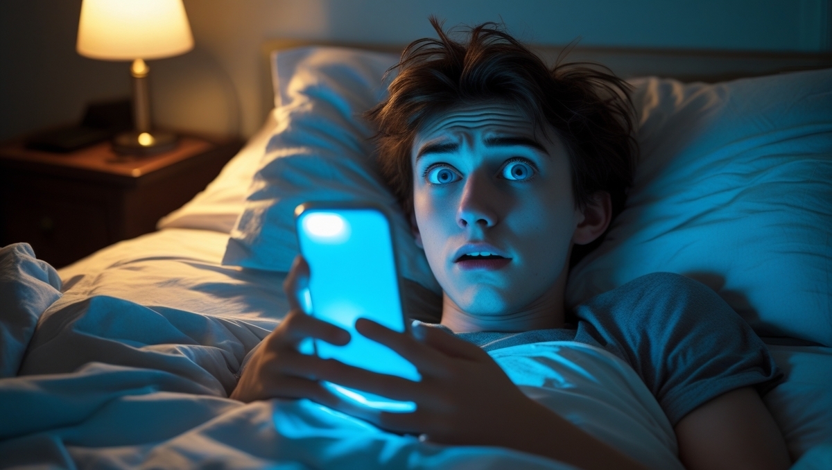 "Stunned young man lit by a glowing phone in the dead of night, eyes wide in disbelief, caught in a once-in-a-lifetime online moment.
