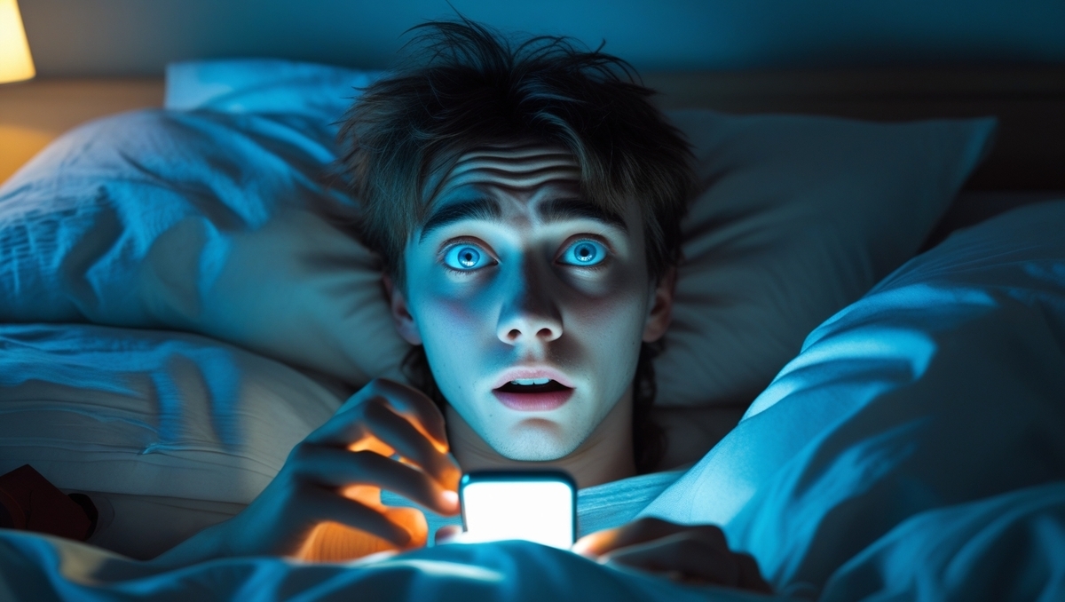 Amazed youth lying in bed, bathed in cold blue light, discovering an unexpected midnight miracle on his phone screen.