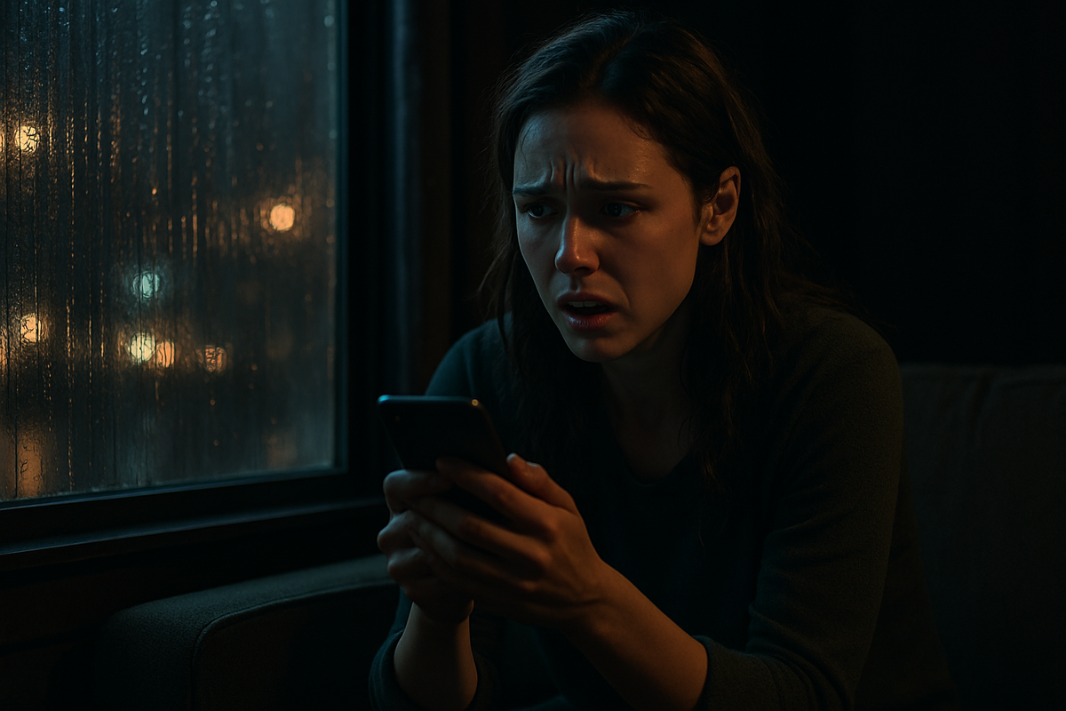 Heartbroken young woman staring at her phone with tearful eyes, overwhelmed by betrayal and disbelief, sitting alone by a rain-streaked window in deep emotional turmoil.