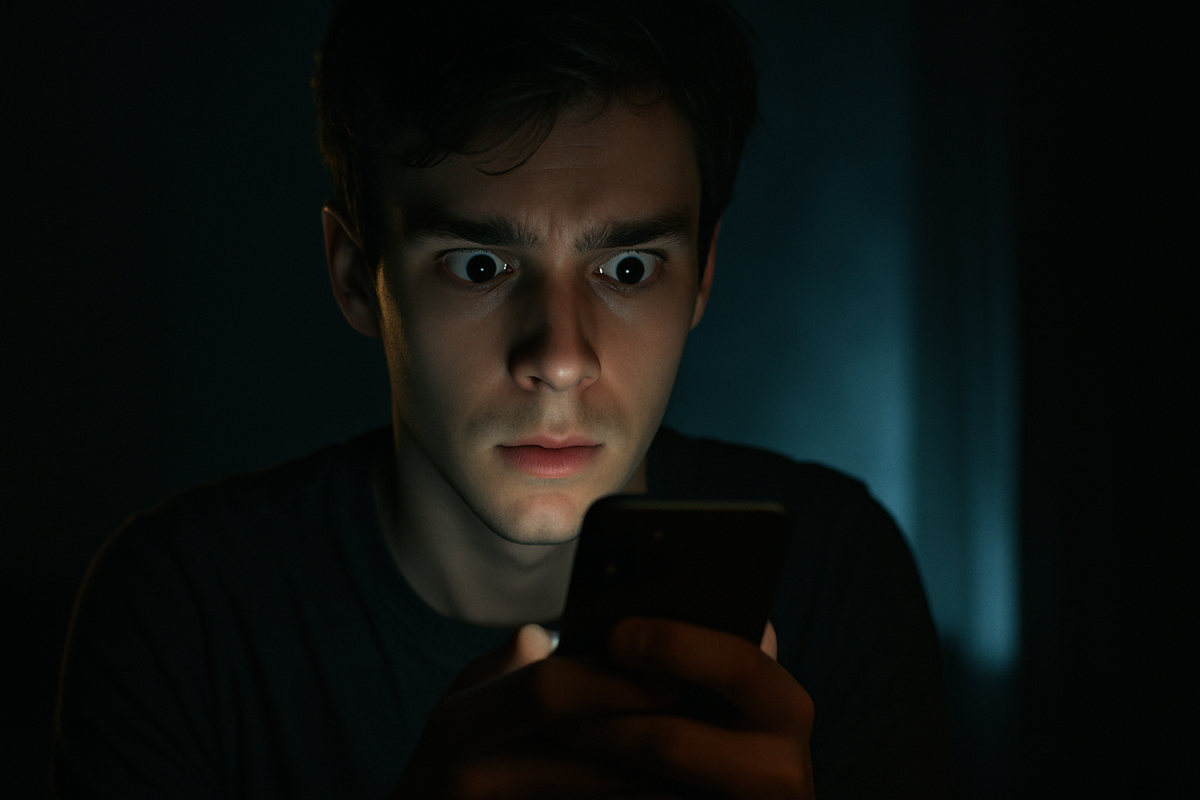 A young man staring at his smartphone in the dark with wide, anxious eyes—caught in the suspense of a life-changing lottery result, trembling with hope and fear.