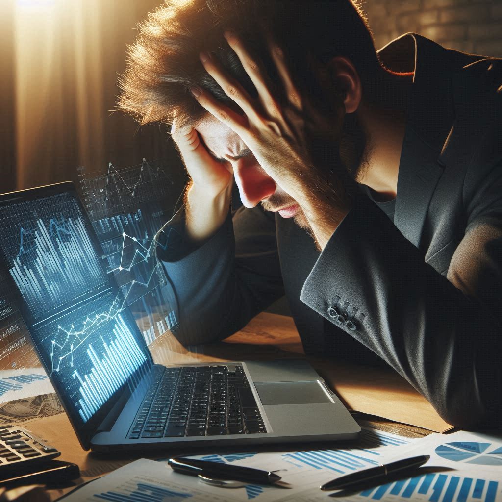 Overwhelmed man in suit staring at screen filled with rising graphs, holding his head in despair and hope. A powerful visual of digital frustration and longing.