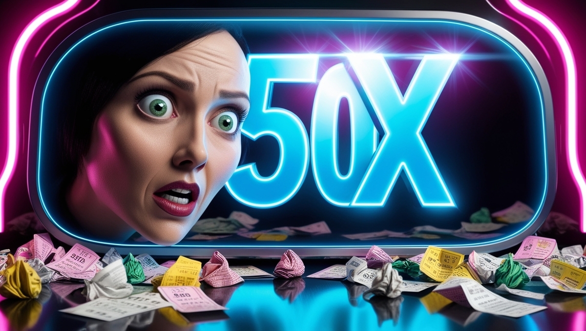 A shocked woman stares wide-eyed at a neon "50X" sign, surrounded by crumpled lottery tickets. Raw emotion, disbelief, and intensity—capturing the agony of endless failed chances.