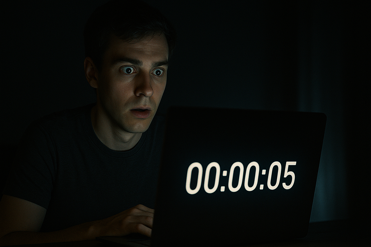 A stunned young man stares wide-eyed at a glowing countdown timer on his laptop screen, just seconds before the deadline — tension, hope, and urgency collide in the final moment.