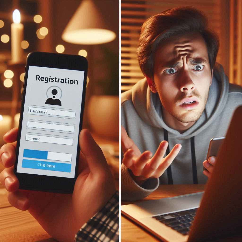 Frustrated man staring at his phone and laptop with a confused expression, trying to register for an online lottery — warm lighting enhances the emotional tension.