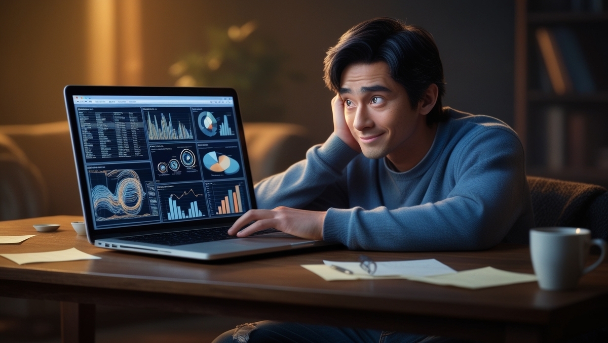 A young man in a dark room staring at a countdown timer on his laptop, overwhelmed with anxiety and anticipation.