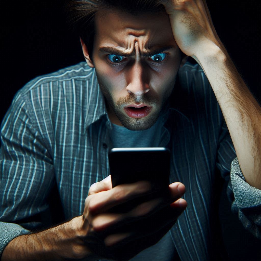 A shocked man staring intensely at his smartphone in disbelief, overwhelmed by unexpected news in a dark room.