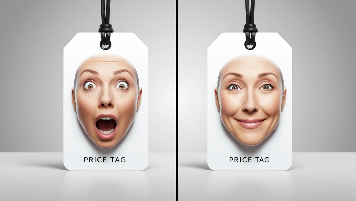 Shocked woman's face popping out of a price tag, capturing raw emotion of surprise and disbelief at unexpected pricing — high emotion, high curiosity, high urgency.
