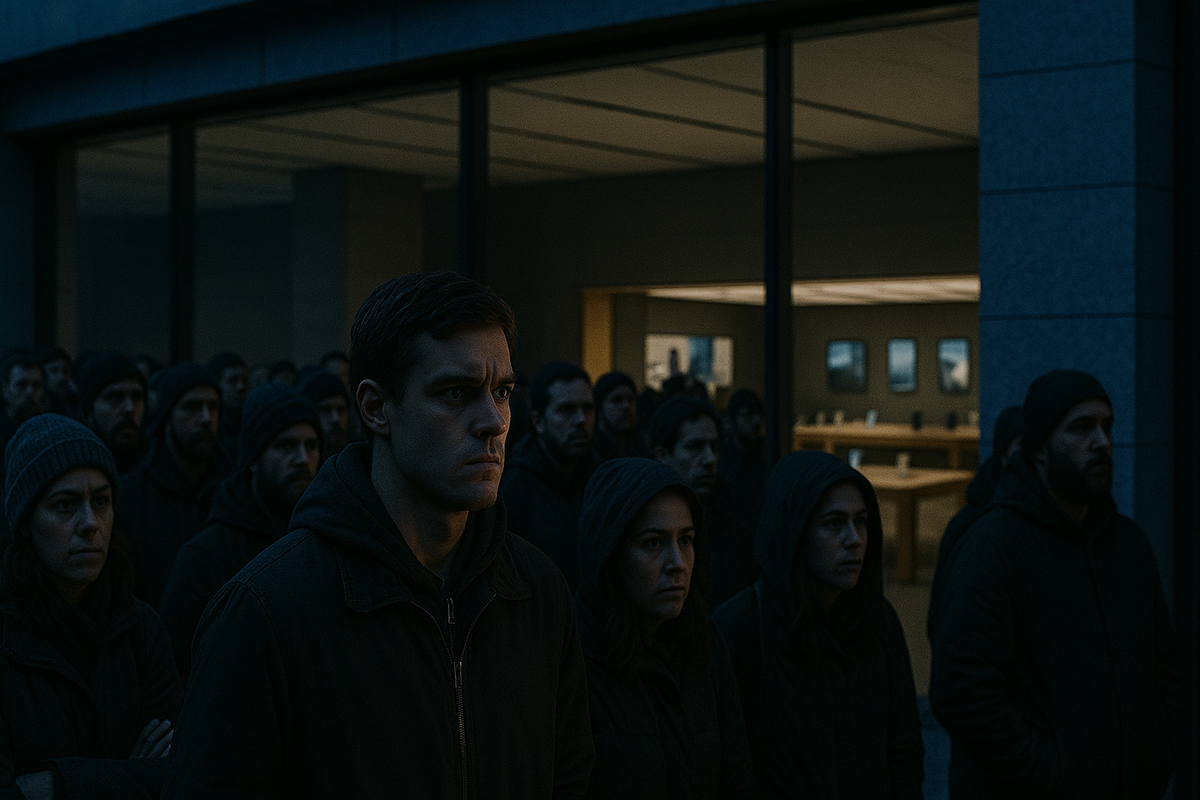 A tense, somber crowd silently waiting outside a store, faces filled with frustration, anxiety, and hope — capturing the emotional intensity of limited product demand and anticipation.