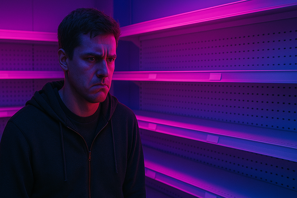 Frustrated man standing in front of empty store shelves, bathed in dramatic purple lighting — the moment you realize the Switch2 is sold out again.