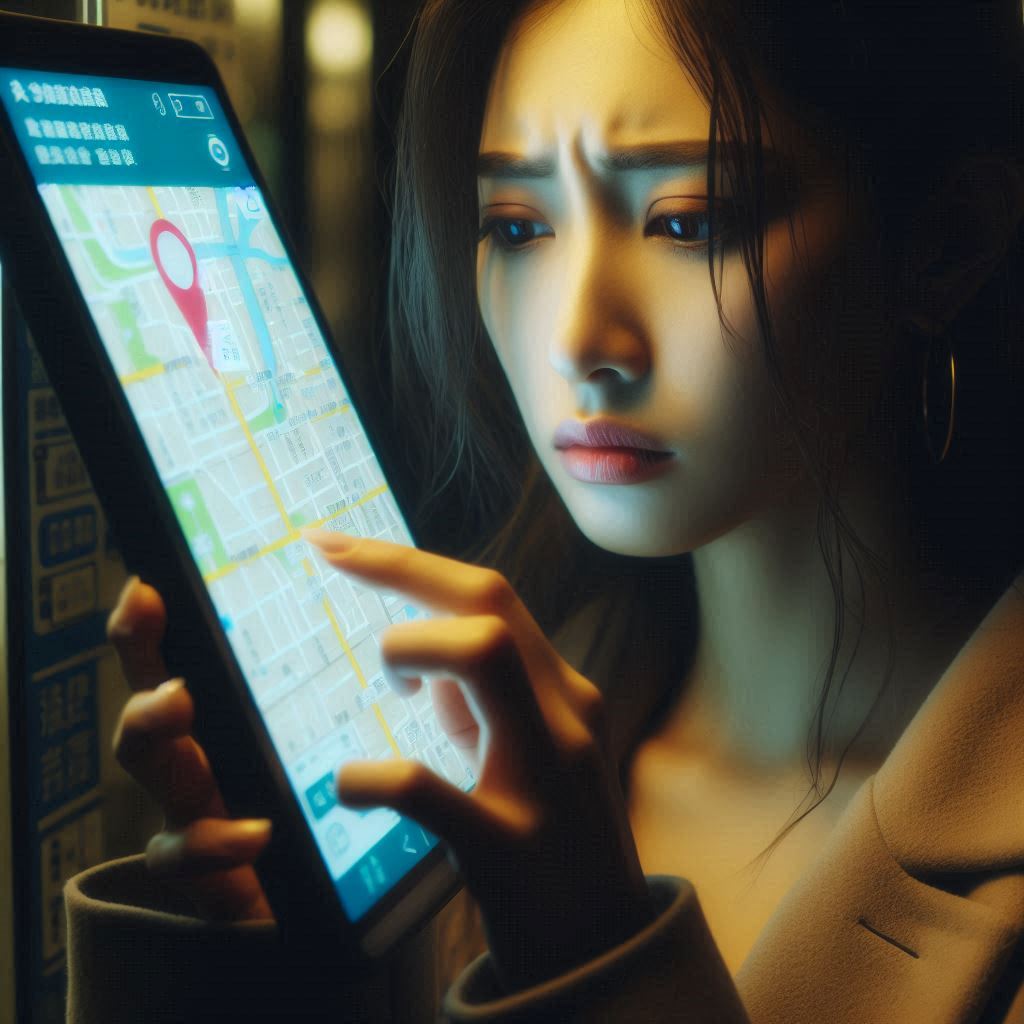 A young woman stares at a glowing digital map with anxious eyes, caught in a moment of confusion and quiet vulnerability, trying to find her way in an unfamiliar city night.
