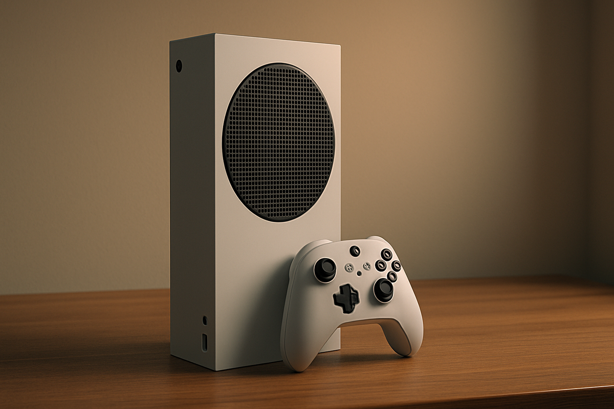 A minimalist gaming console glowing softly on a wooden desk, evoking a calm sense of anticipation and joy of ownership.