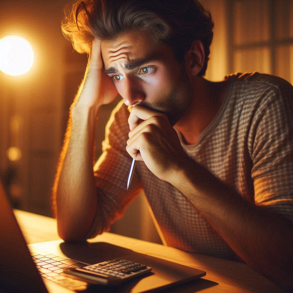 A man sitting at his desk late at night, caught in a moment of anxious decision, calculating and comparing prices before making a big online purchase. Warm lighting reflects his emotional tension and urgency.