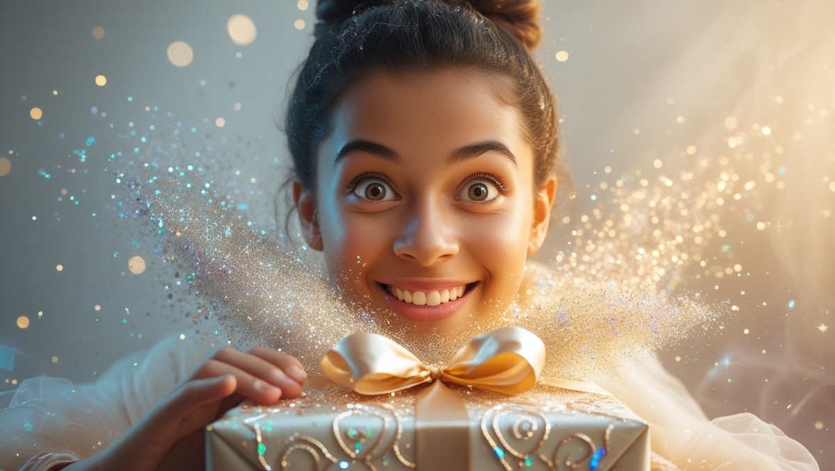 A girl overwhelmed with sparkling joy as she opens a glowing gift box, her wide eyes reflecting pure wonder and excitement.
