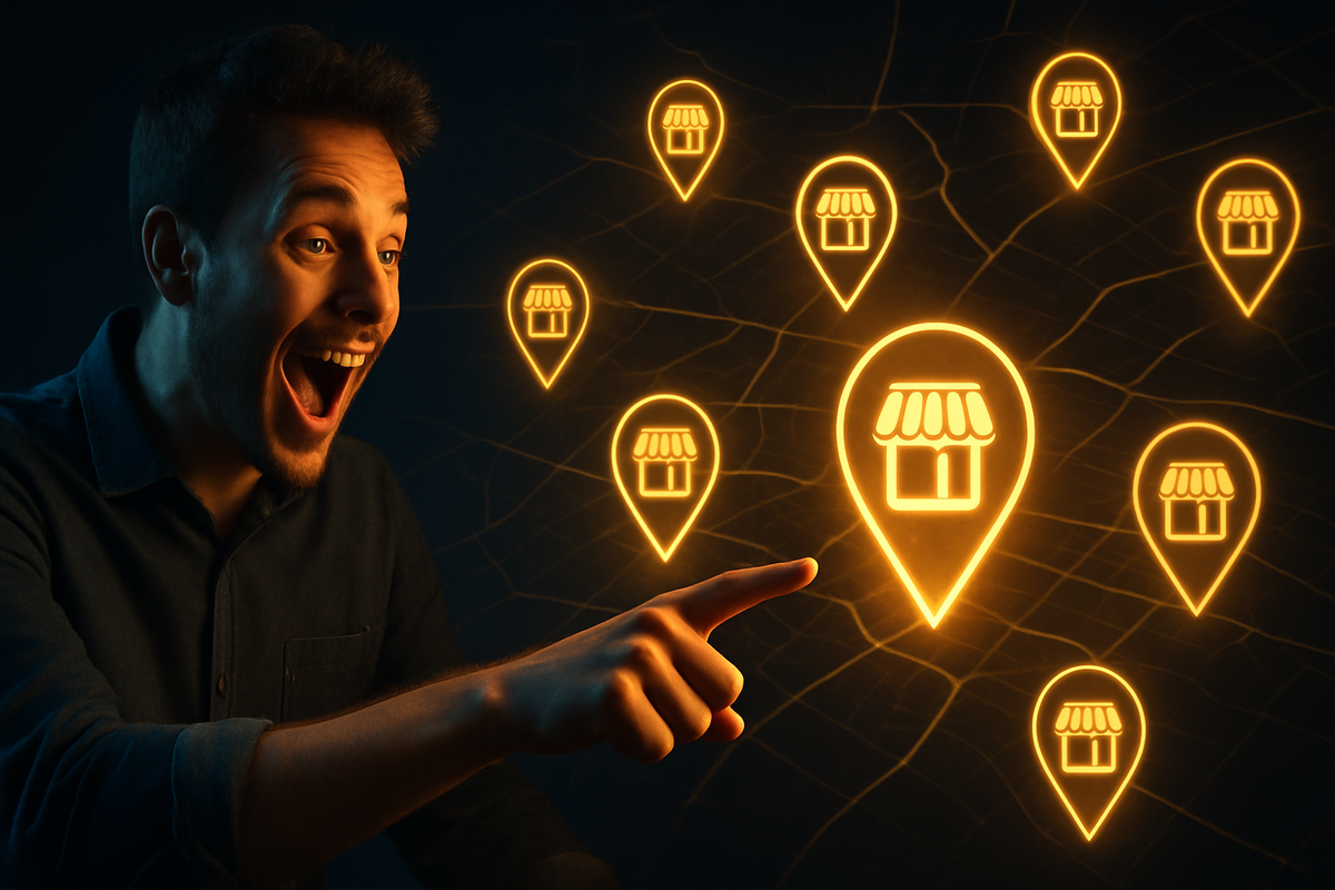 A person excitedly pointing to a list of stores on a glowing map, symbolizing where to buy a product now