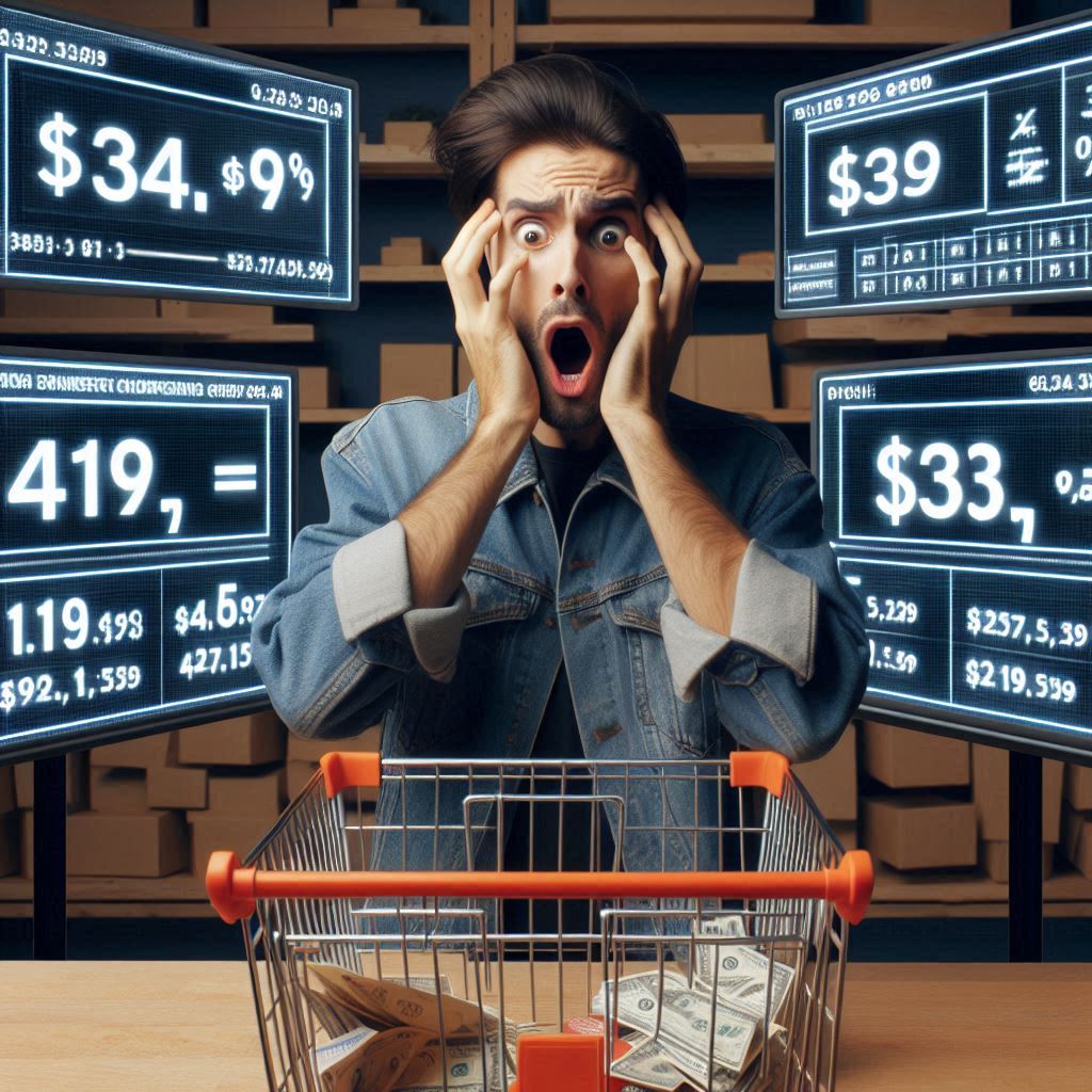 A shocked shopper holding his face in disbelief, surrounded by glowing digital price tags, symbolizing emotional impact of surprising price differences.