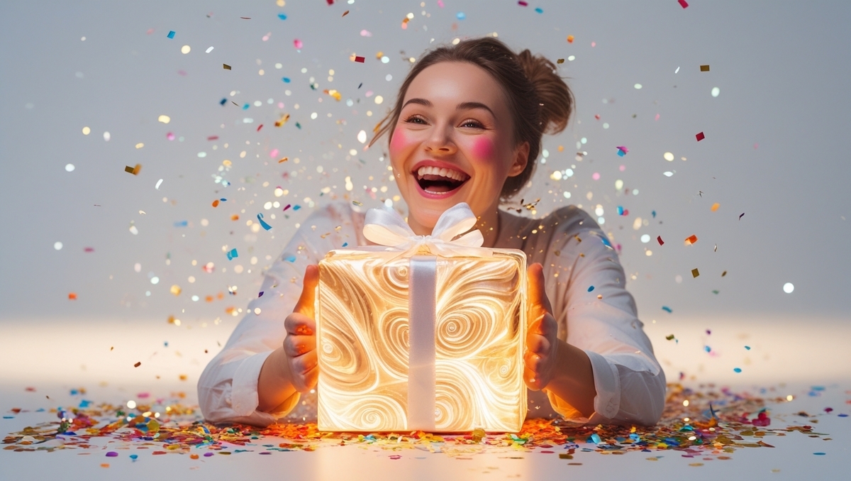 A joyful woman bursting with happiness, holding a glowing gift box as colorful confetti rains down—pure delight and surprise captured in one moment.