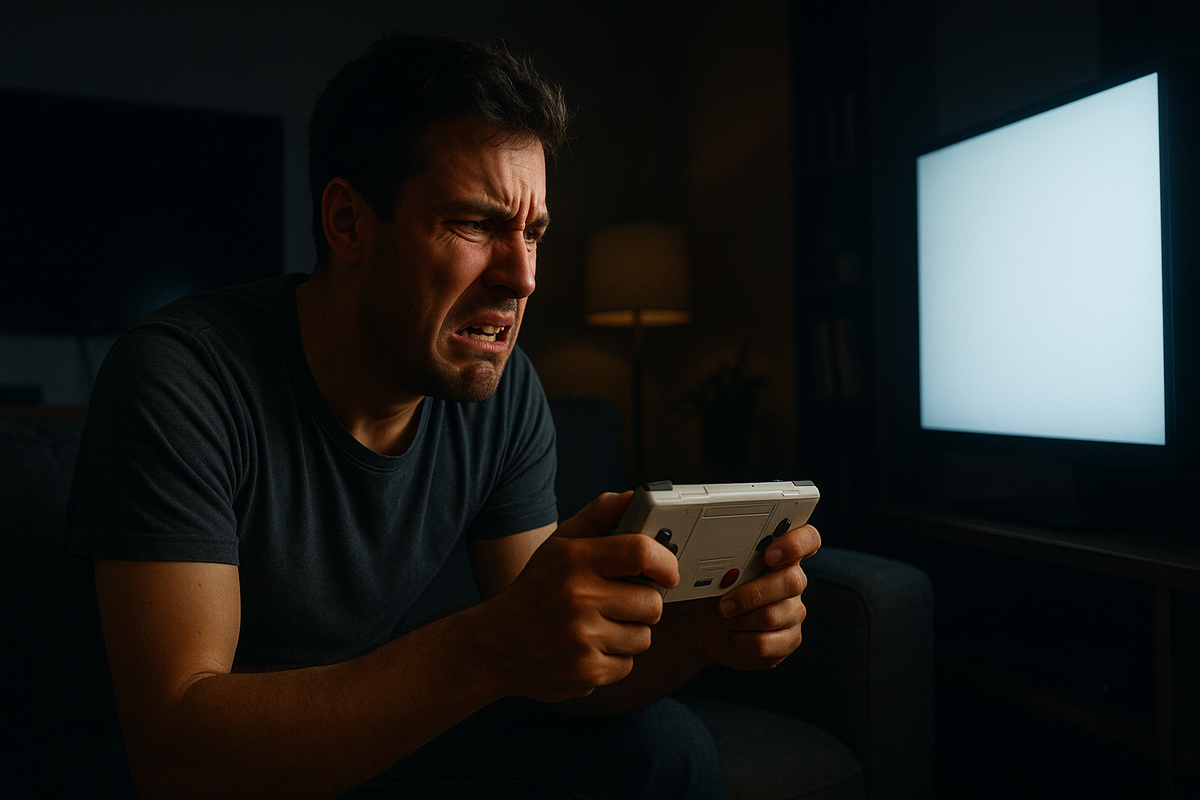 "Devastated gamer staring at a blank TV screen, gripping a console with frustration and disbelief in a dimly lit room — pure emotion and relatable tech despair.