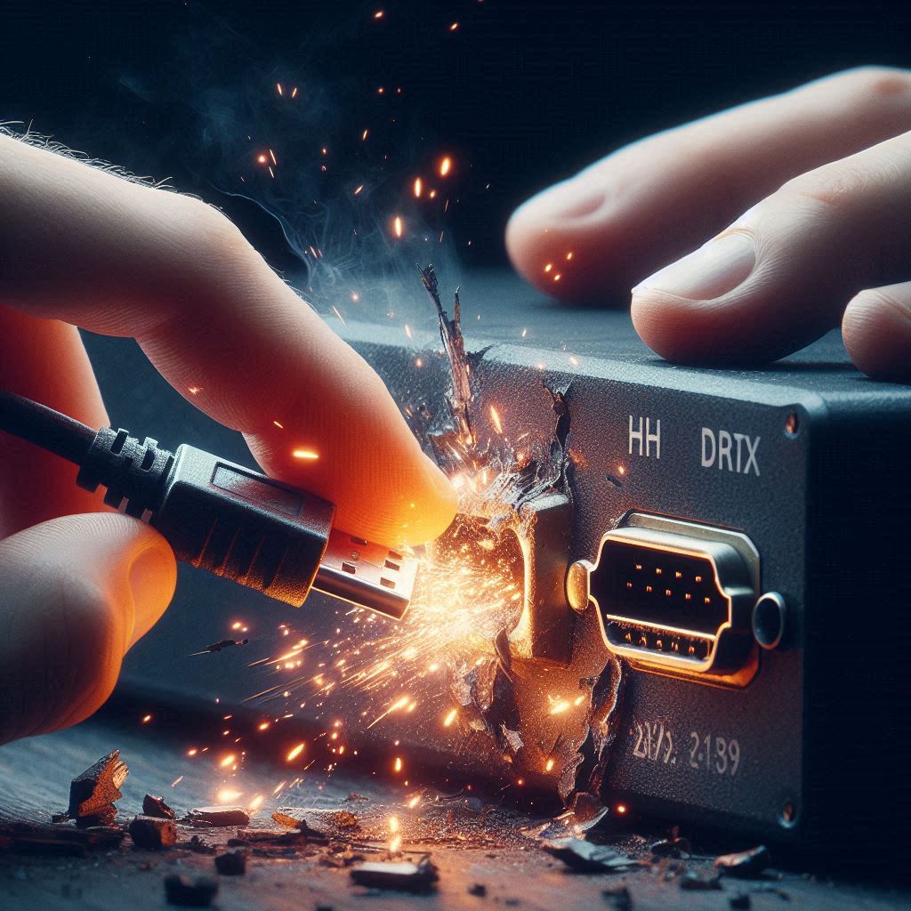 A desperate hand forcefully plugs an HDMI cable into a broken port, sparks flying in a dramatic burst of frustration and urgency.