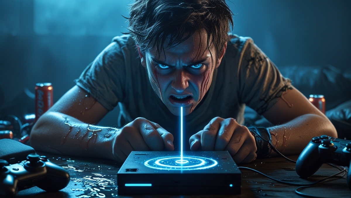 A desperate gamer soaked in sweat, glaring at a malfunctioning console as a glowing laser shoots upward — frustration, chaos, and raw emotion in a single moment.