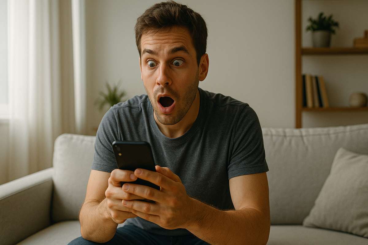 A young man with wide eyes and open mouth looking shocked and thrilled as he reads an unexpected email on his smartphone, sitting on a cozy couch in warm daylight — a powerful moment of surprise and joy.