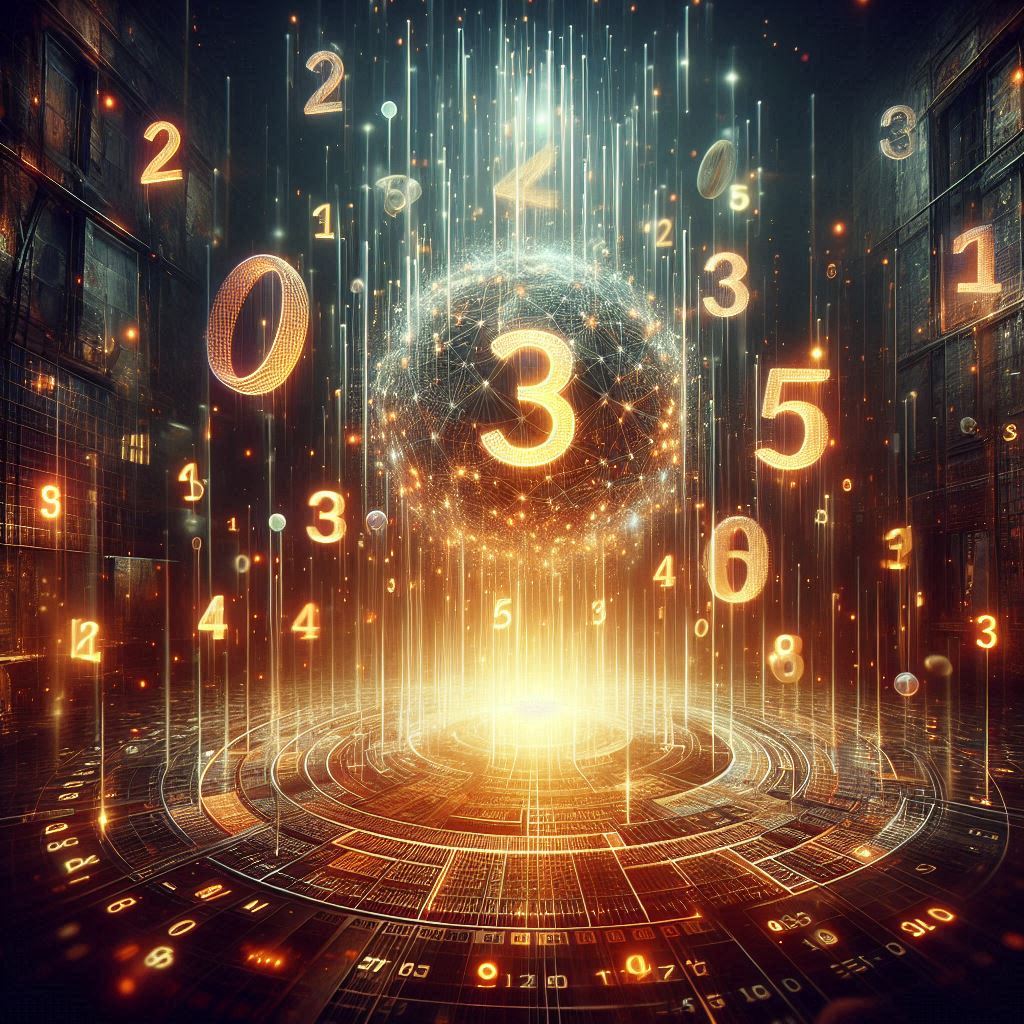 A glowing digital sphere surrounded by floating numbers in a futuristic data space, evoking mystery, destiny, and thrilling discovery.