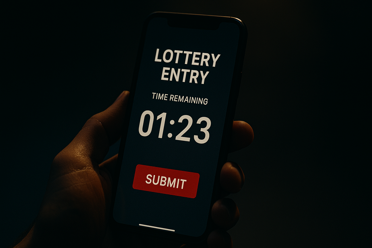 A tense moment before deadline — hand trembling as the final seconds tick down to submit a life-changing lottery entry. Urgency, hope, and fear collide in silence.