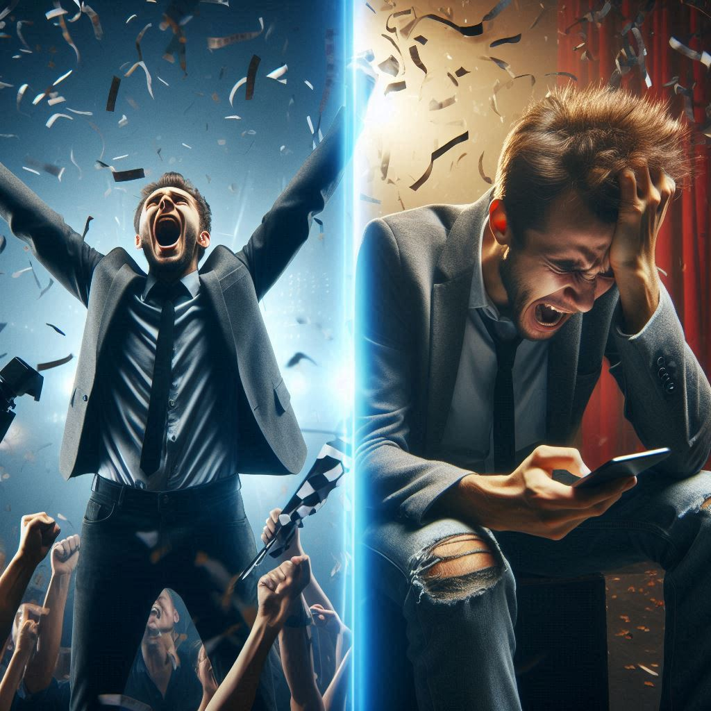 A split image showing the emotional rollercoaster of a lottery result: on the left, a man in a suit erupts with joy amid confetti and cheering crowds; on the right, the same man sits devastated, clutching his phone in disbelief, surrounded by falling confetti. A powerful contrast of triumph and heartbreak.