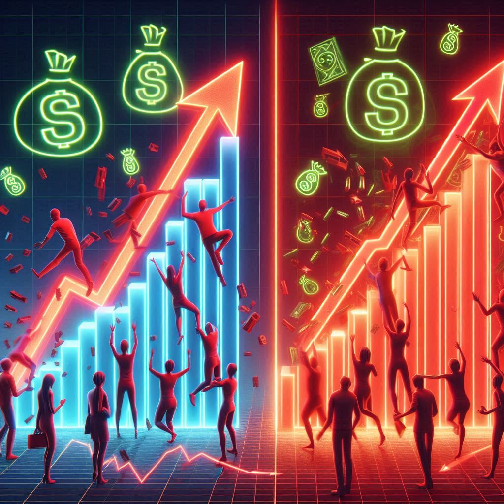 Euphoria and chaos collide as crowds surge toward skyrocketing graphs—an emotional snapshot of risk, ambition, and financial thrill in a dual-colored digital economy.