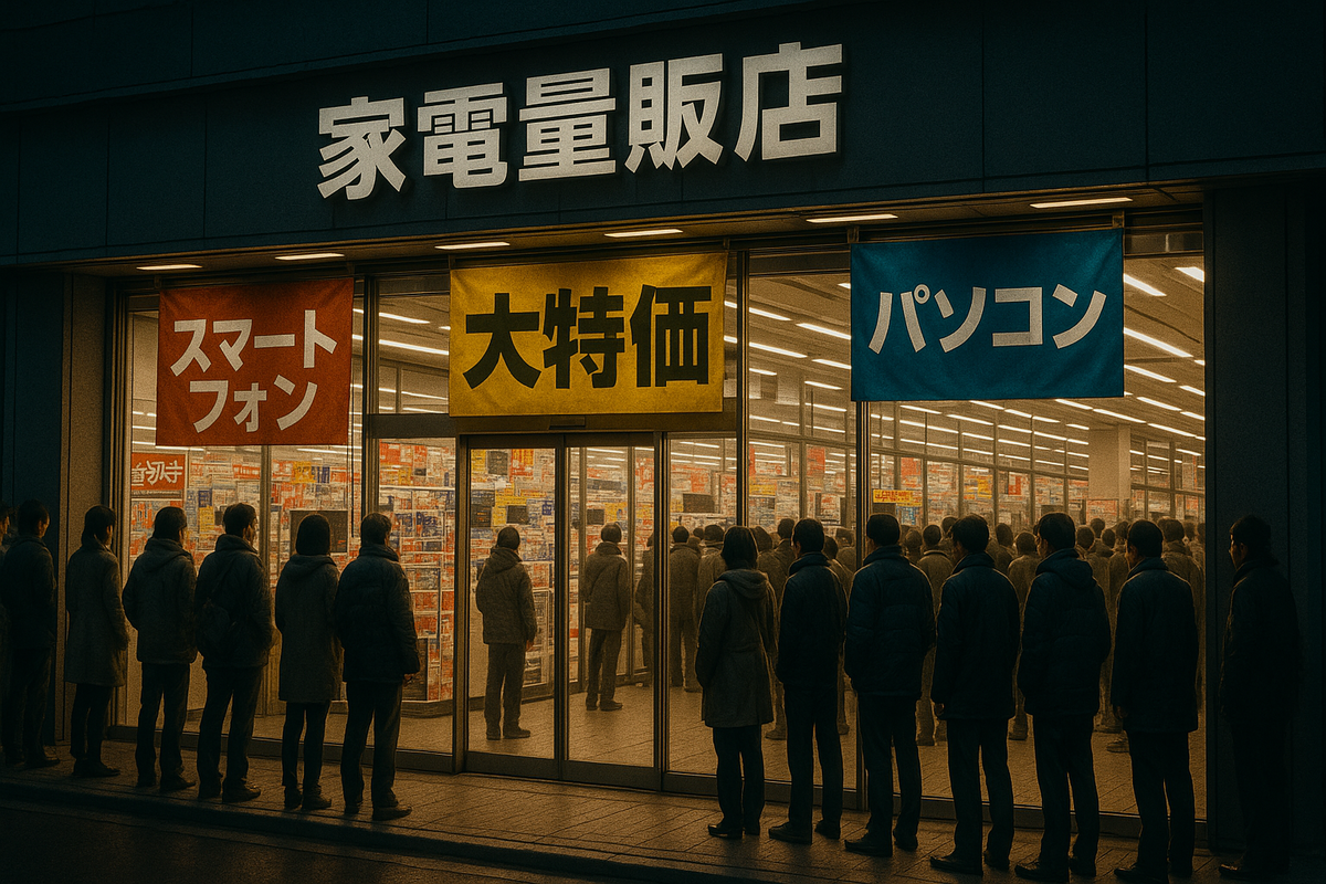 A long line of people waiting silently outside a Japanese electronics store at dawn, filled with hope and tension for a once-in-a-lifetime lottery chance