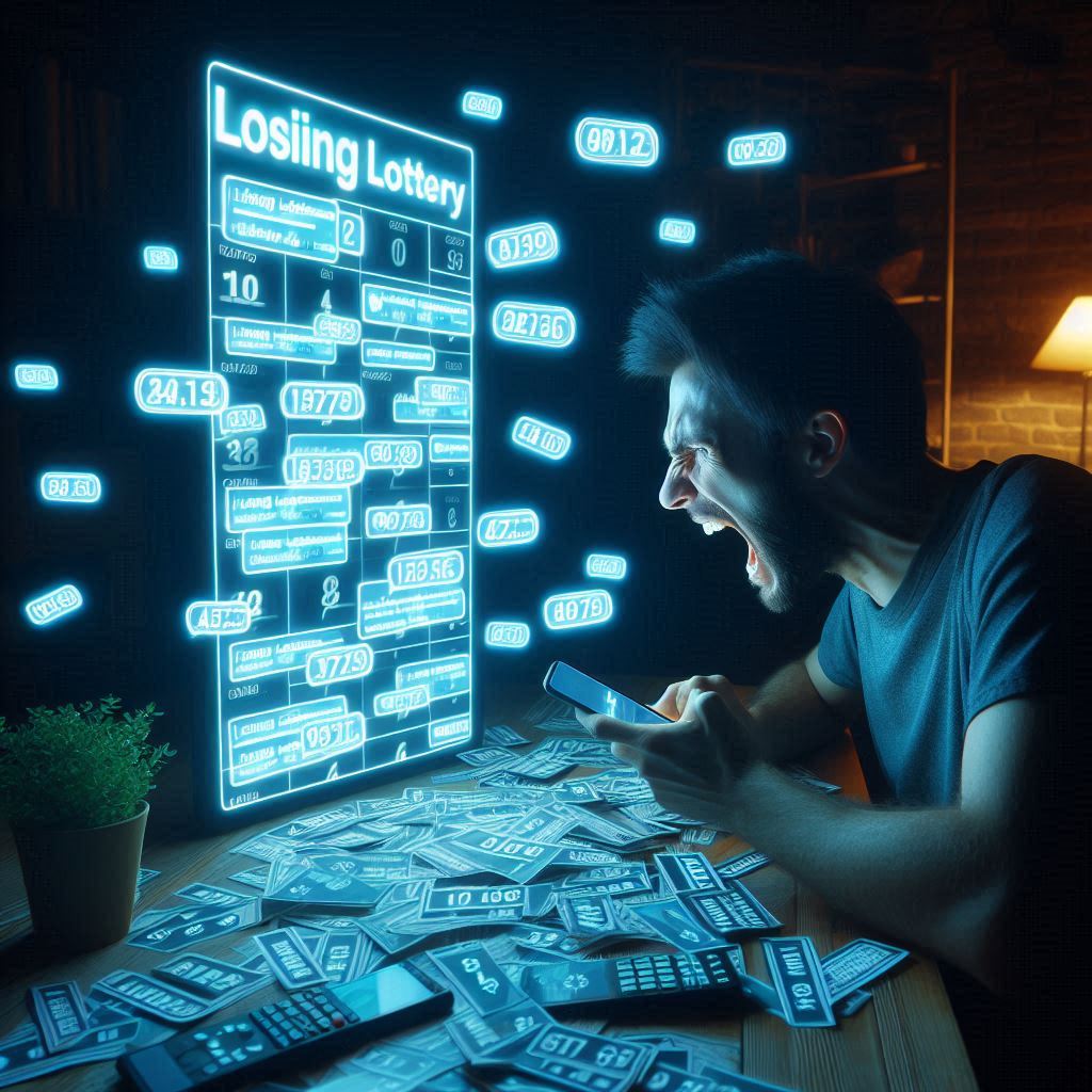 Furious man screaming at his phone after losing a high-stakes lottery, surrounded by numbers and tickets. A raw emotional reaction of frustration, despair, and helpless hope.