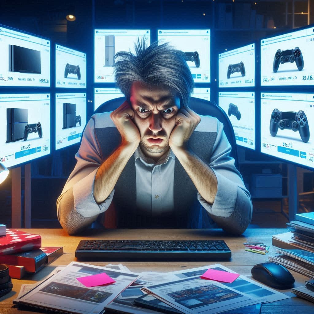 Frustrated gamer overwhelmed by failed console purchase attempt, surrounded by dual monitors and chaotic desk, emotional split-screen, blue ambient light, 16:9