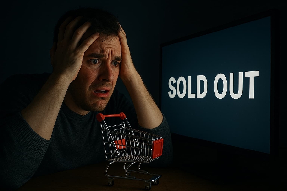 A devastated man holding his head in despair, staring at a "SOLD OUT" screen with an empty shopping cart in front. The night is dark, echoing his frustration and the sting of missed opportunity.