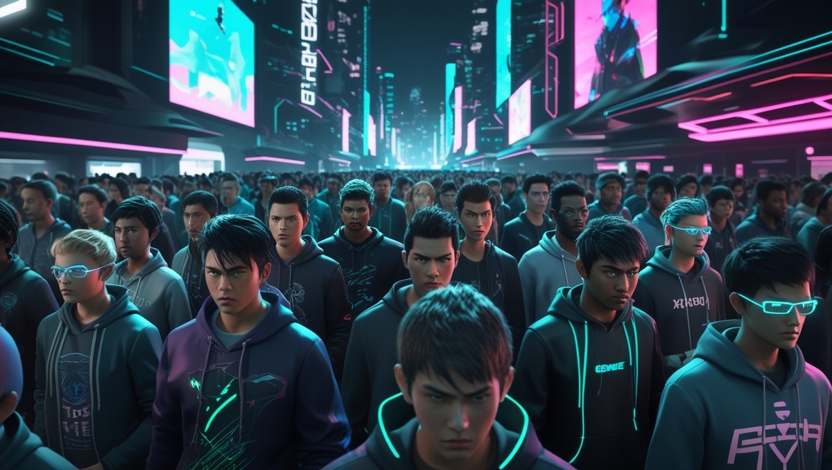 A massive, emotionally charged crowd of futuristic gamers waiting anxiously under neon lights — faces filled with tension, hope, and desperation in a high-stakes tech battle.