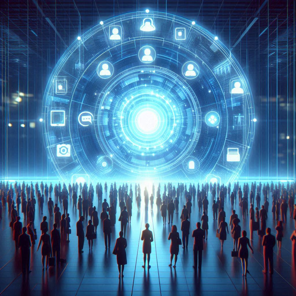 A massive digital crowd standing in awe before a radiant data core, glowing with hope and urgency — symbolizing the future of digital selection and the anxiety of missing out.