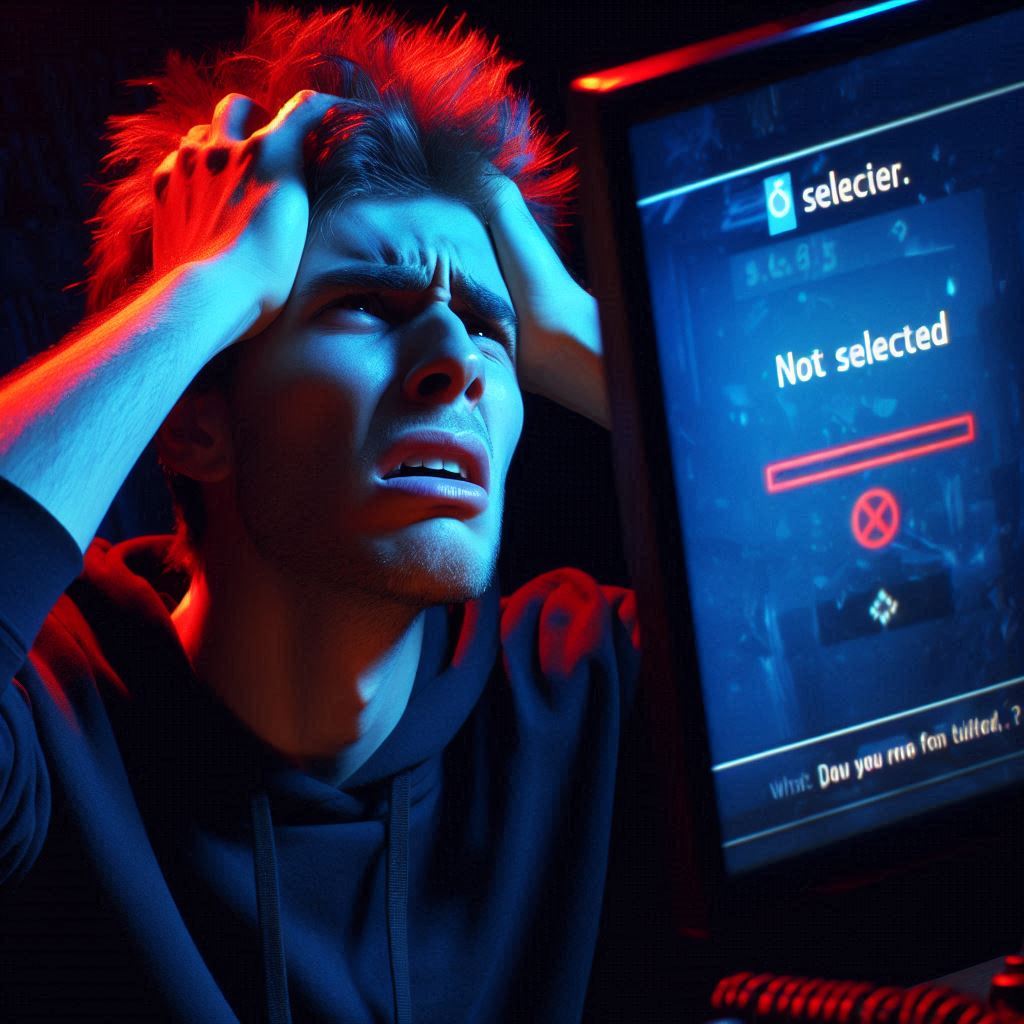 A frustrated gamer in despair, holding his head with both hands, staring at a glowing screen that says "Not Selected". The emotional intensity, dark lighting, and red-blue tones evoke anxiety, anticipation, and heartbreak in a high-stakes digital lottery