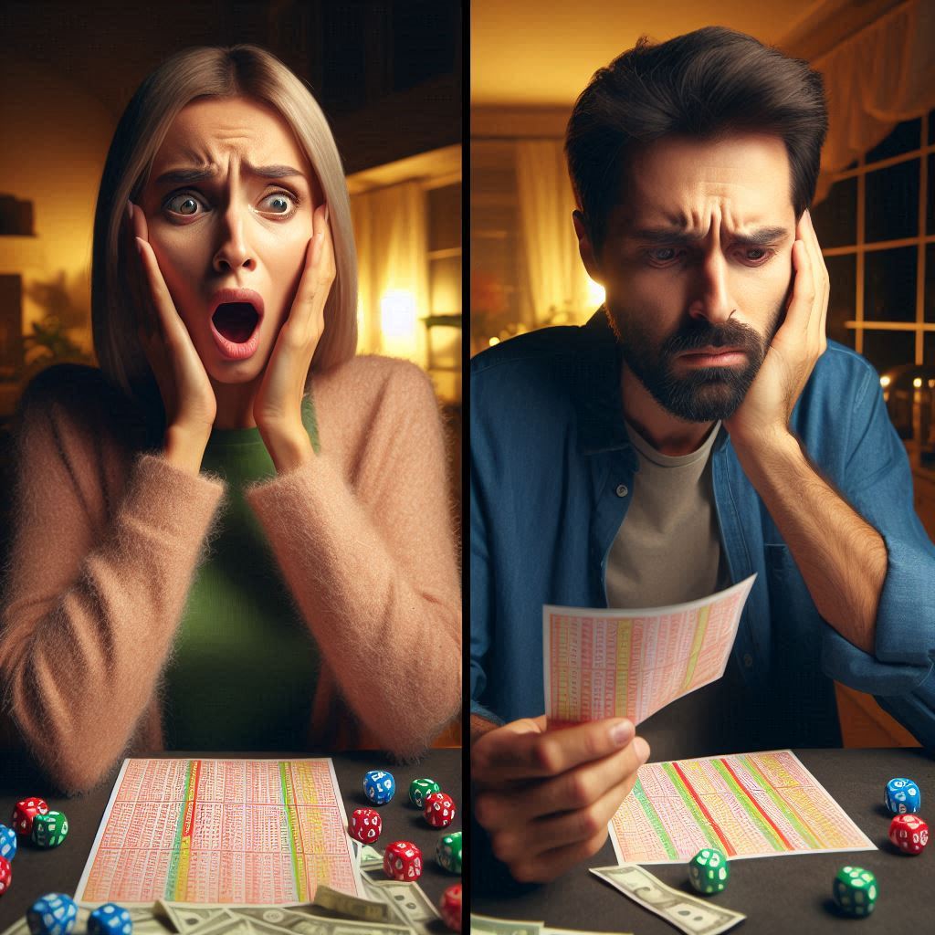 A woman gasping in disbelief and a man in deep frustration, both reacting emotionally to lottery results at a table with dice and cash – conveying the highs and lows of anticipation.