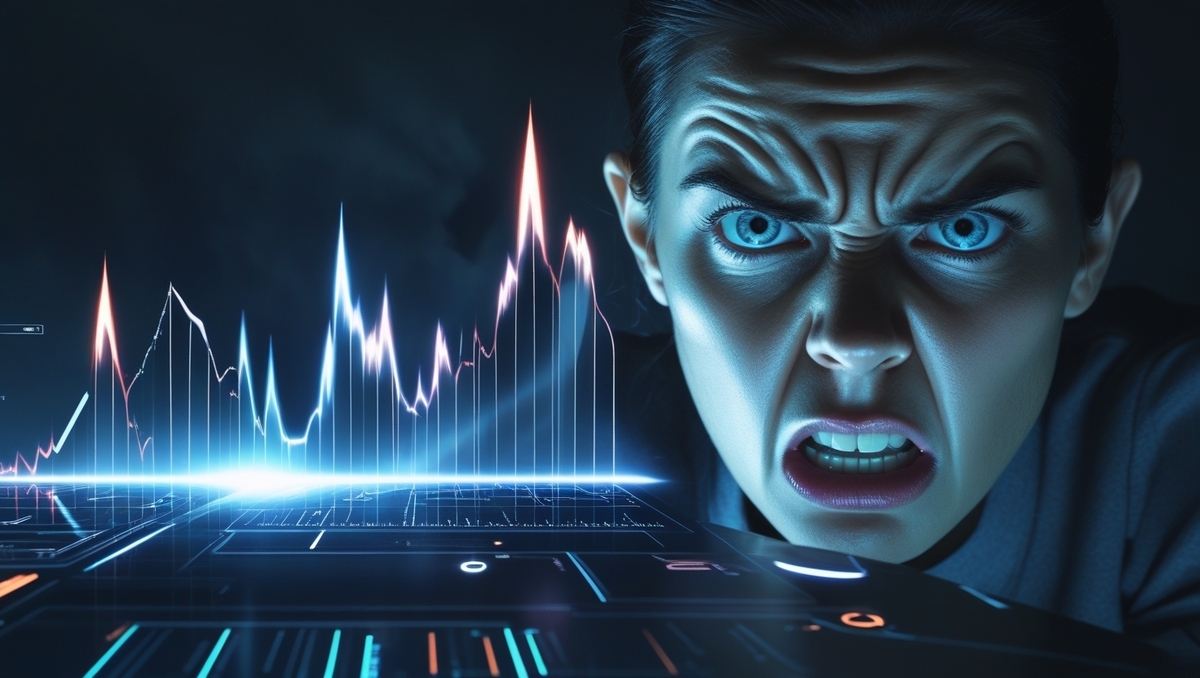 A woman expressing intense shock and frustration while staring at a futuristic digital graph, with a sharp peak indicating a surprising change. Emotion: disbelief, anxiety, urgency