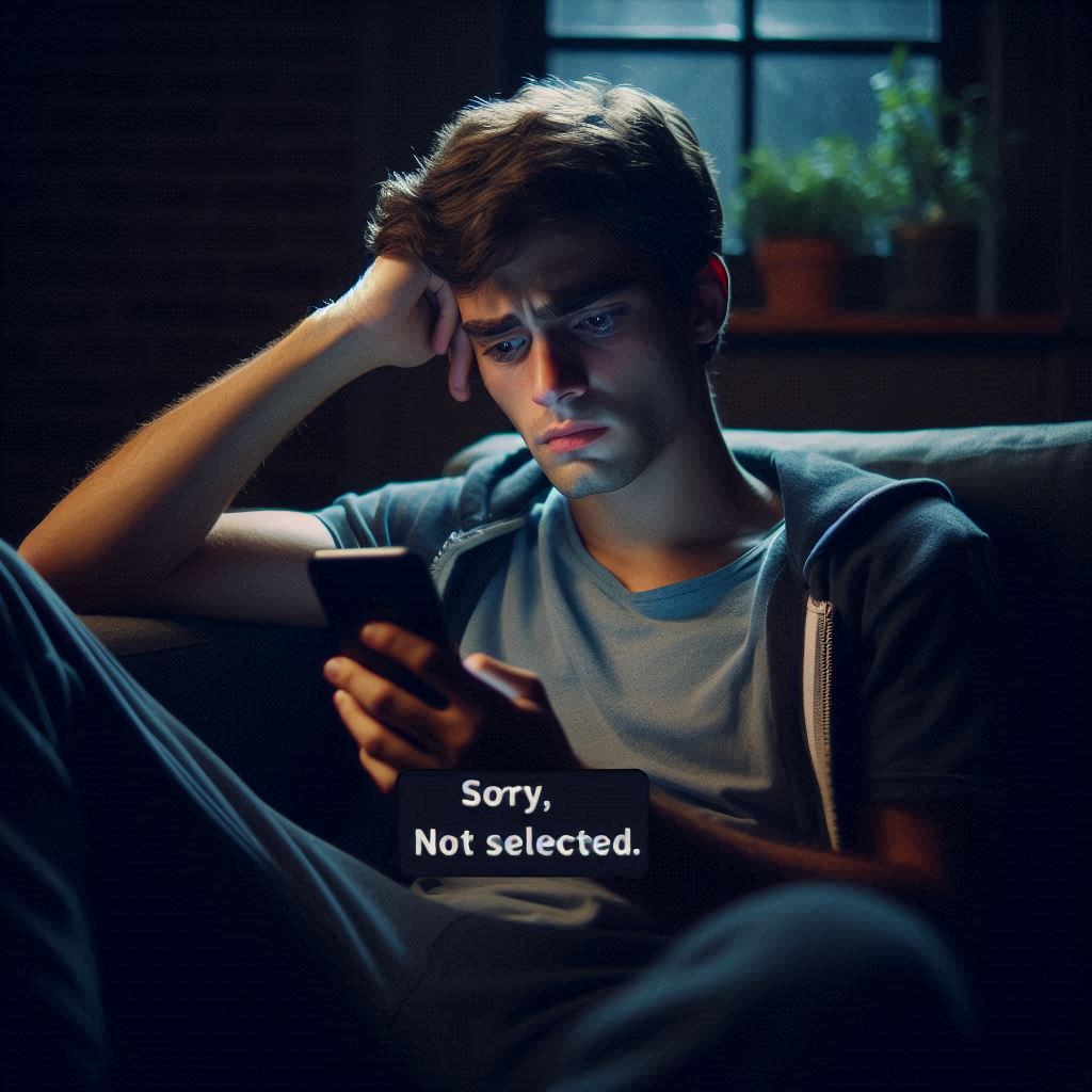 A young man sits alone at night, staring at his smartphone with a pained expression, after receiving a heartbreaking “not selected” lottery result — a moment of quiet disappointment and dashed hope.