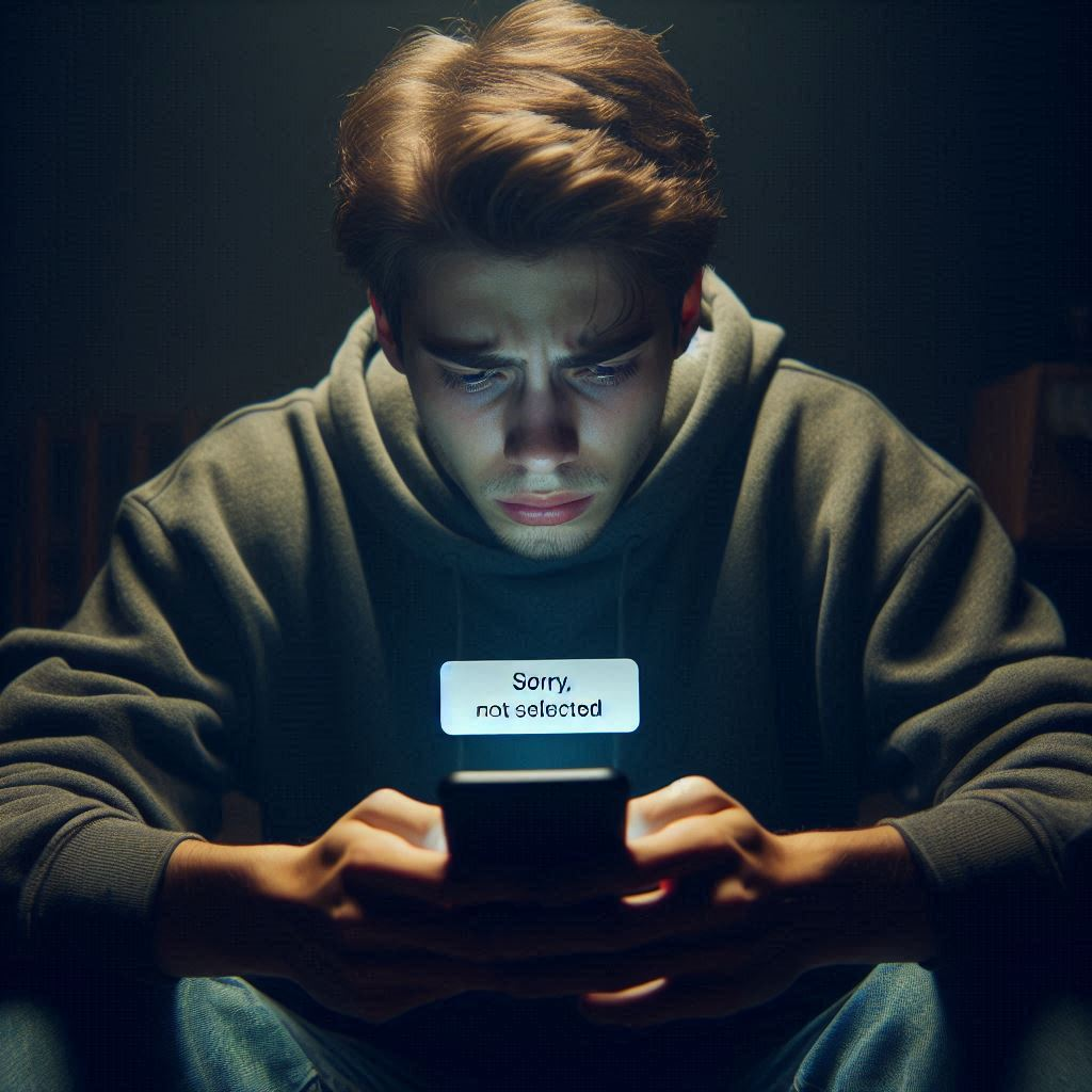 A disappointed young man in a hoodie reads a rejection message alone in the dark, overwhelmed with silent frustration and disbelief.