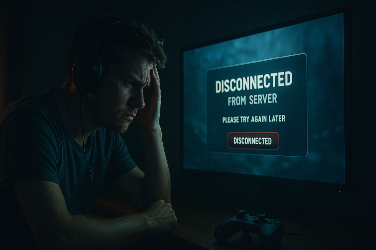 A disappointed gamer stares at a "Disconnected from server" screen, overwhelmed by frustration and hopelessness in the dark.