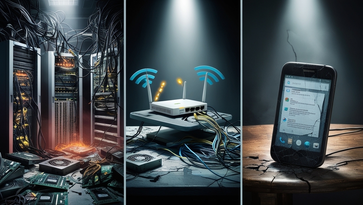 A dramatic split-screen illustration showing a chaotic server room meltdown, a struggling Wi-Fi router emitting weak signals, and a cracked smartphone with frozen notifications — a visual metaphor for modern frustration, disconnection, and digital despair.