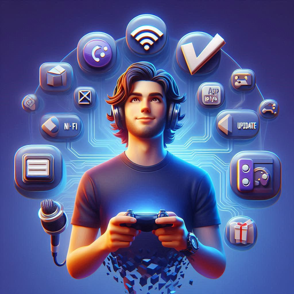 A hopeful young gamer surrounded by floating digital icons like Wi-Fi, updates, and settings, symbolizing his determination to overcome connection issues and reclaim the joy of smooth online play. A glowing ambiance of focus, optimism, and digital clarity.