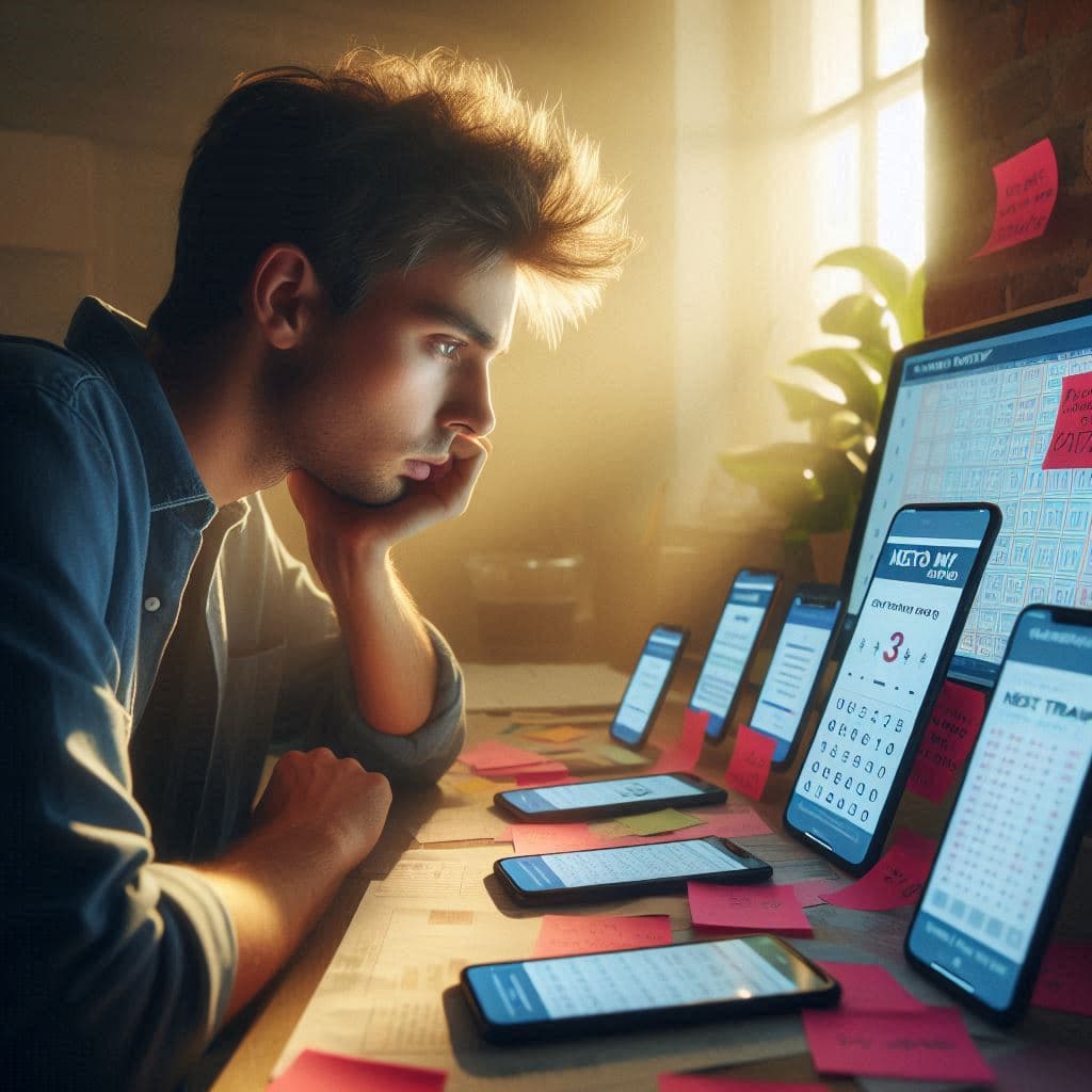 A hopeful man preparing for the next lottery draw, planning his winning strategy surrounded by notes and smartphones – capturing ambition, focus, and the thrill of anticipation.