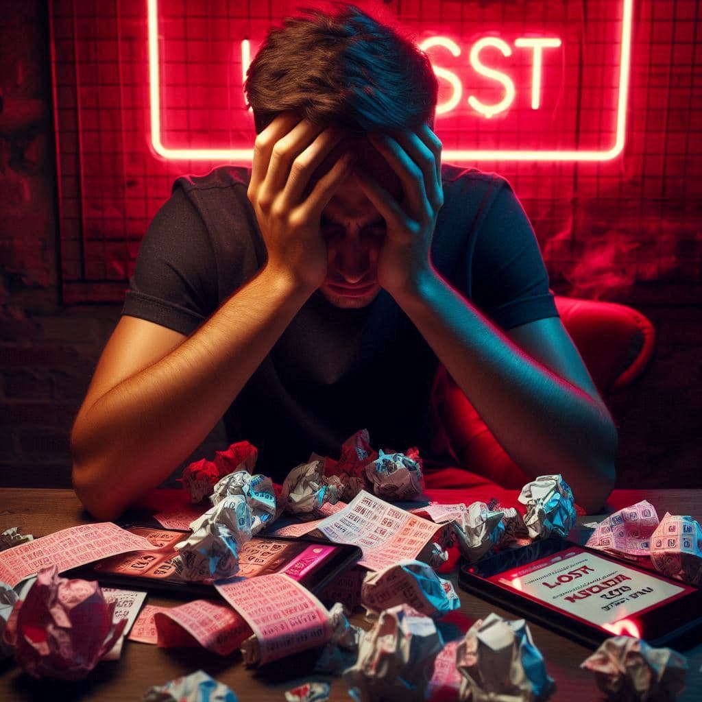 A devastated young man holding his head in despair under a glowing red "LOST" neon sign, surrounded by crumpled lottery tickets and phones showing losing messages, in a dimly-lit room filled with hopelessness and frustration. 16:9, emotional, cinematic lighting, expressive mood, no brands.
